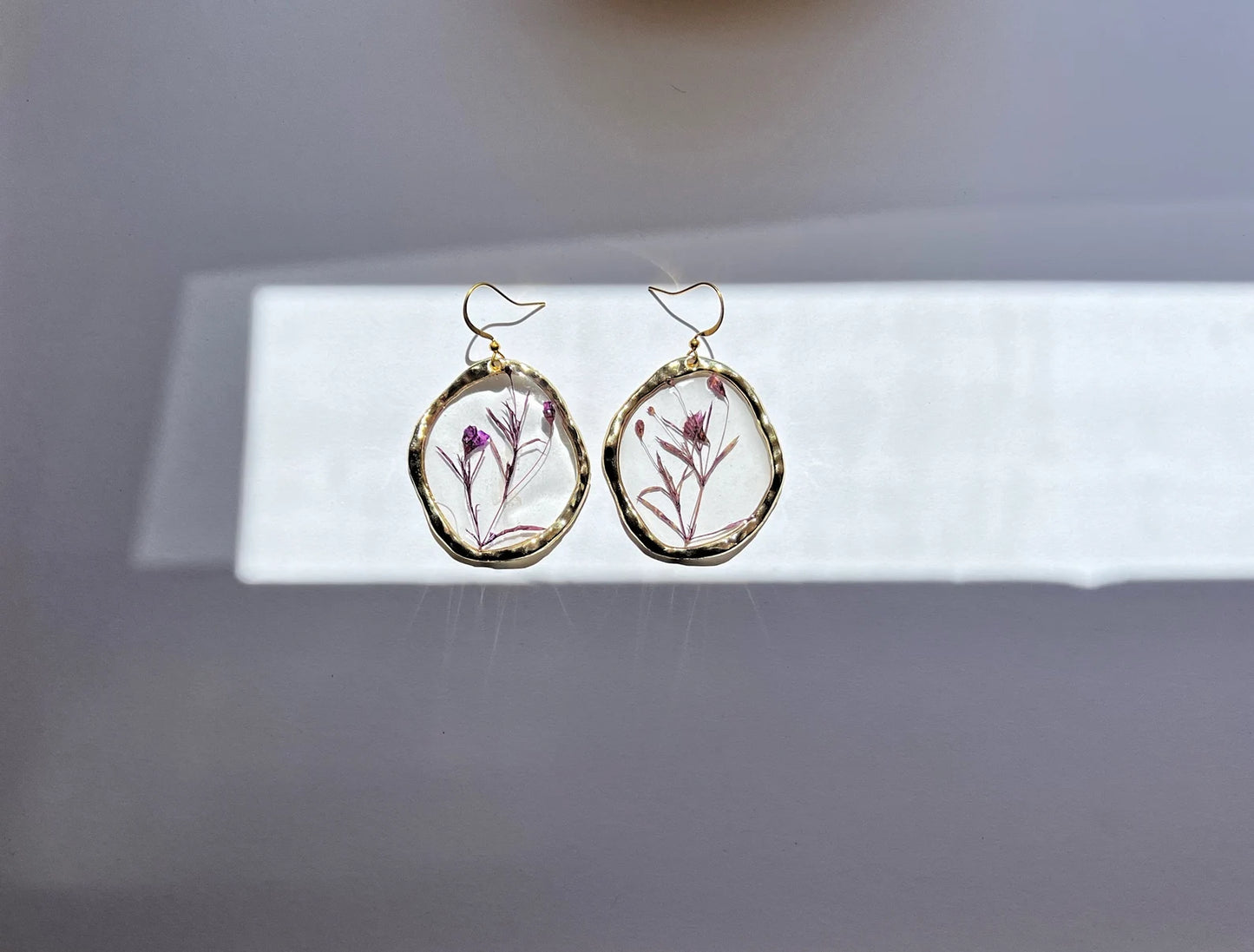 Purple Wildflower Gold Circle Earrings